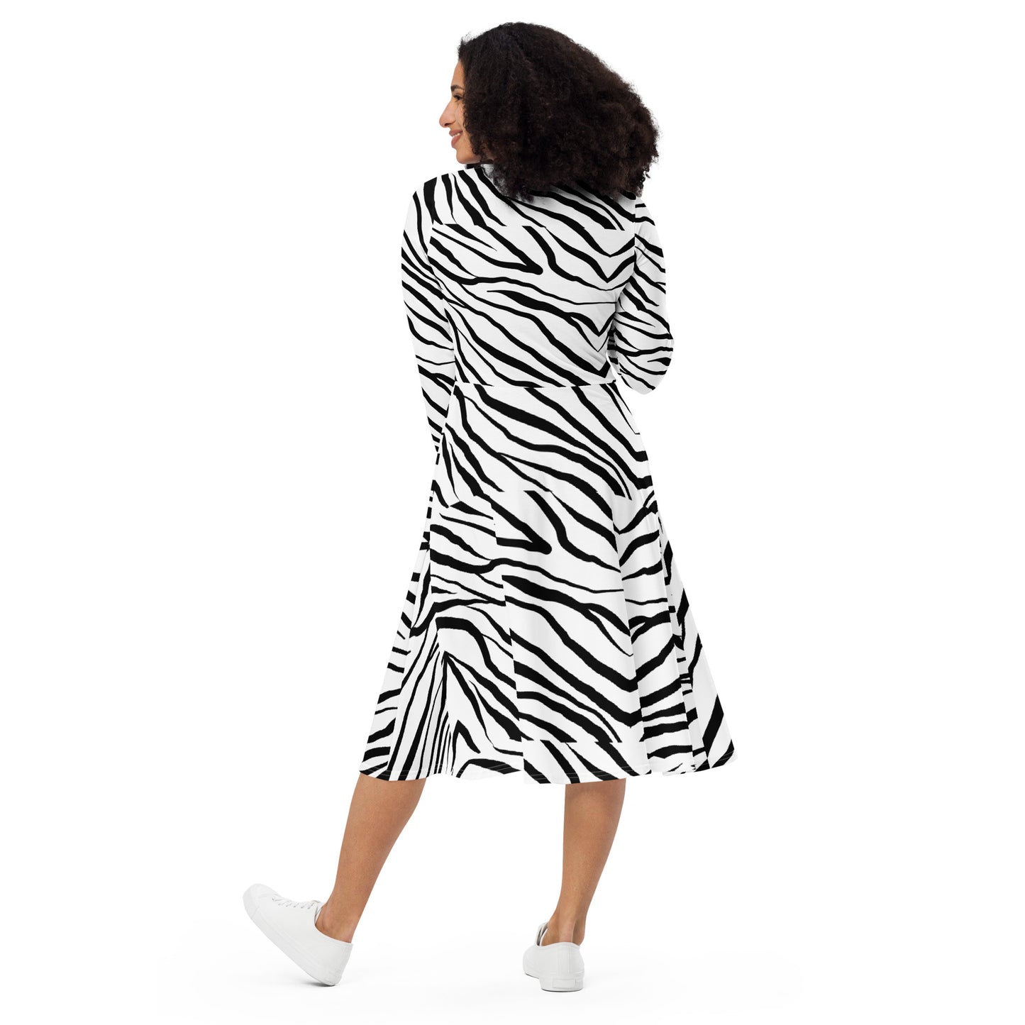 Striped Zebra Vibrance Women's Long Sleeve Midi Dress - FLAKOUT