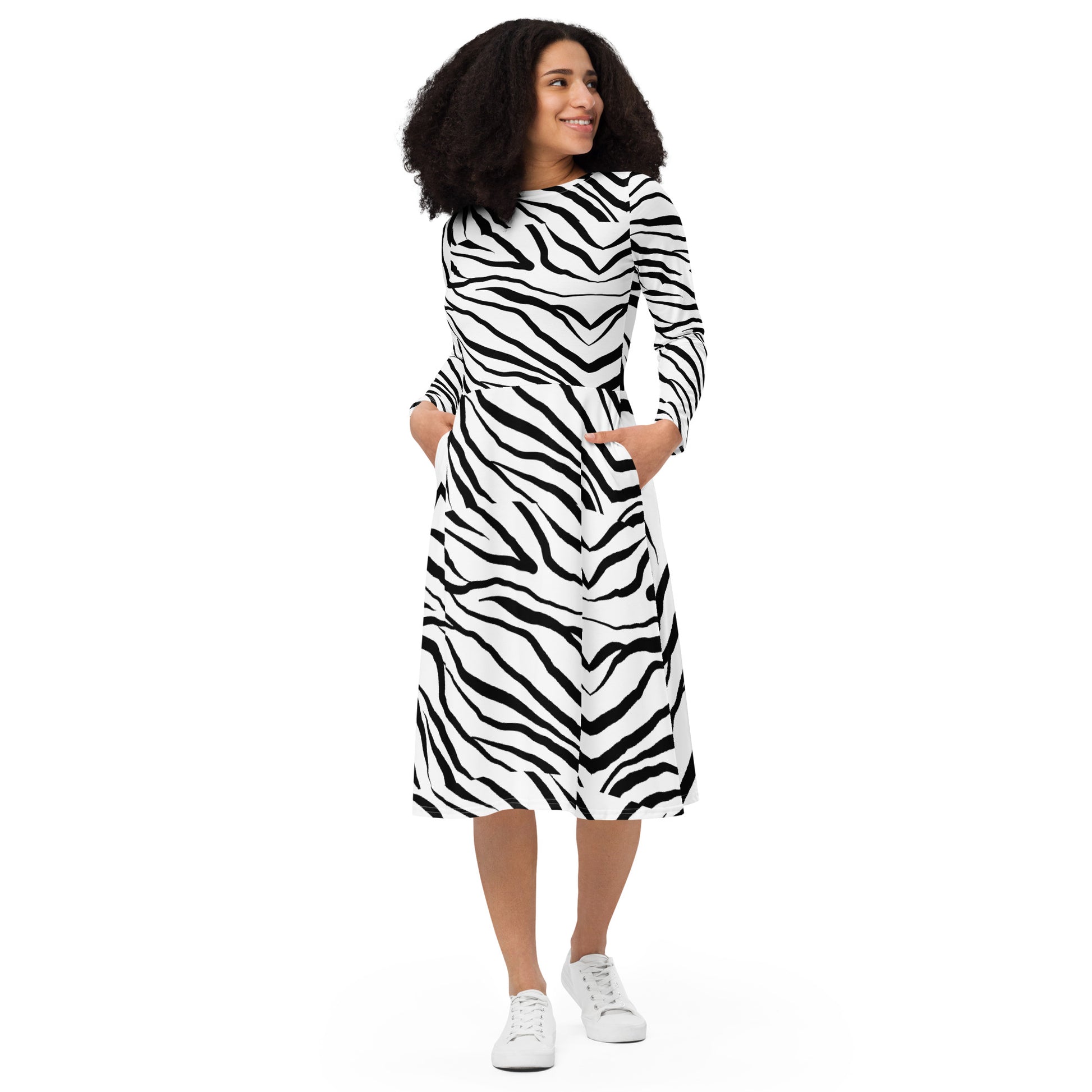 Striped Zebra Vibrance Women's Long Sleeve Midi Dress - FLAKOUT