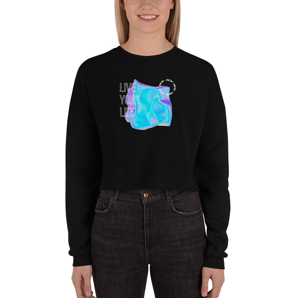 Vivid Existence Live Your Life Women's Crop Sweatshirt - Black - FLAKOUT