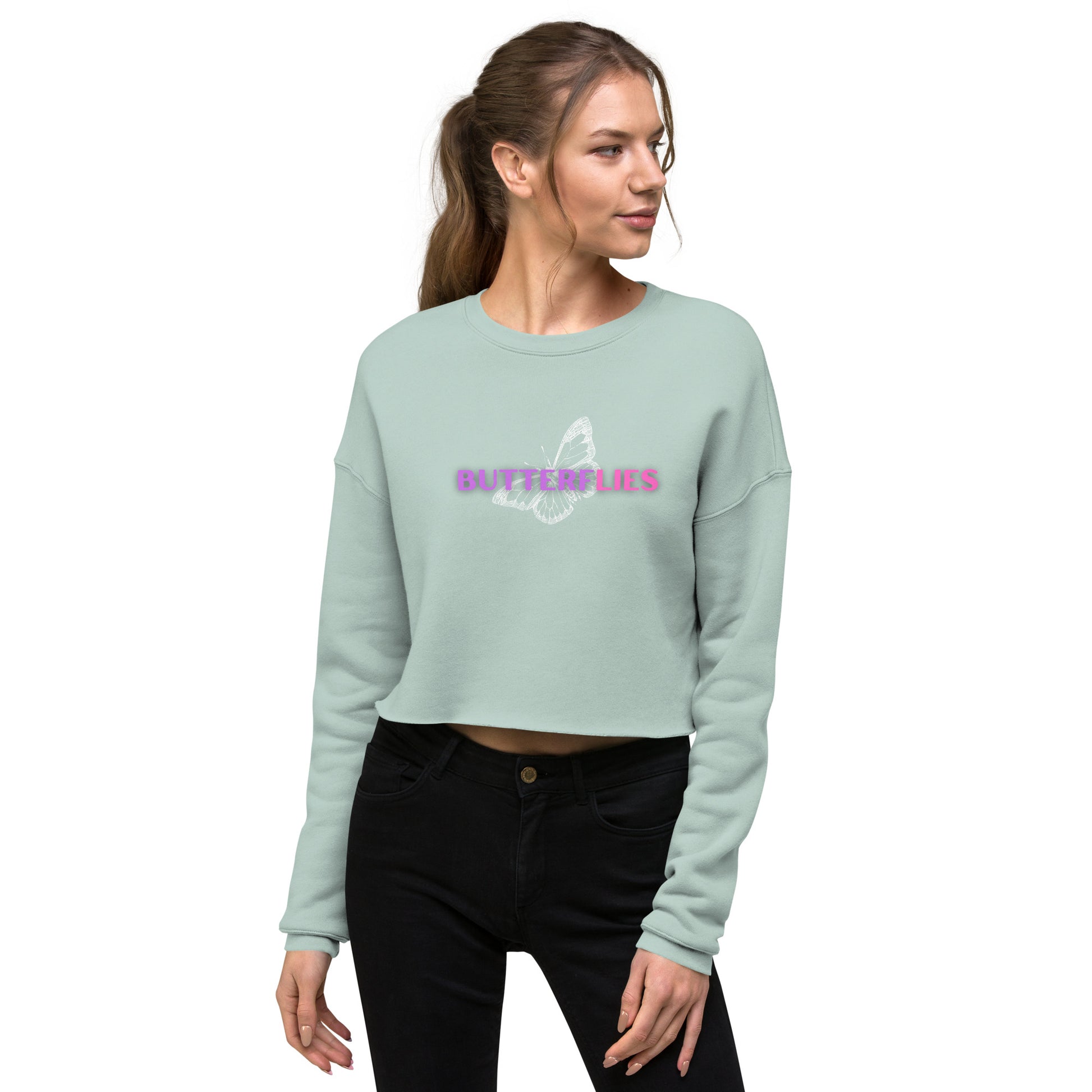 Whispers Of Wings Butterflies Women's Crop Sweatshirt - Dusty Blue - FLAKOUT