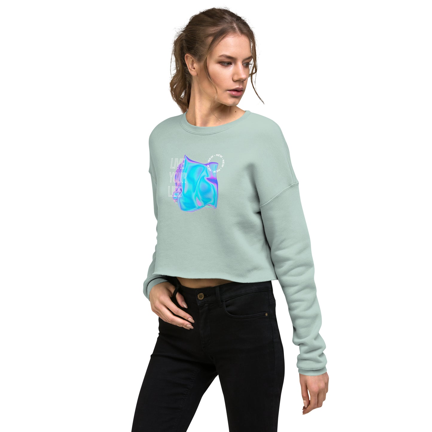 Vivid Existence Live Your Life Women's Crop Sweatshirt - Dusty Blue - FLAKOUT